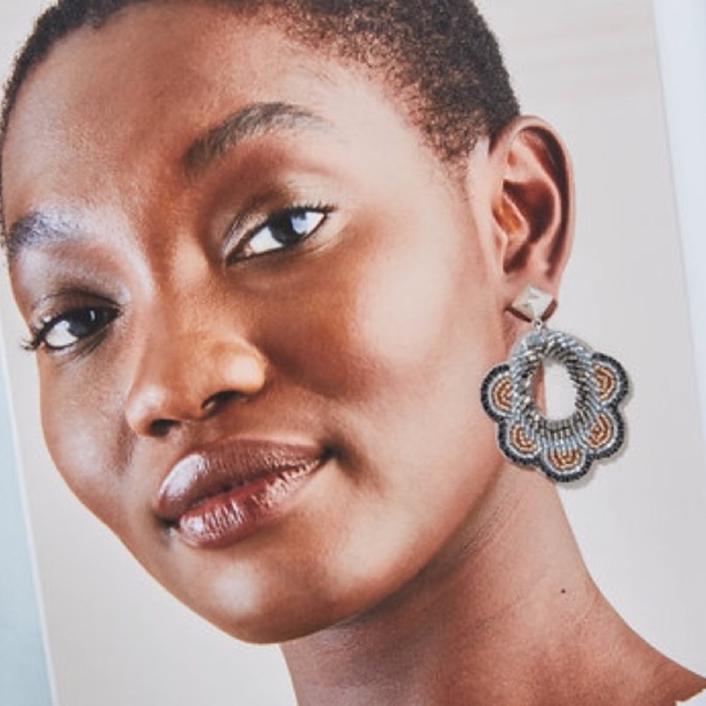 Stella & Dot | Black, Gray & Gold Hand Beaded Dove Statement Earrings - Picture 6 of 11